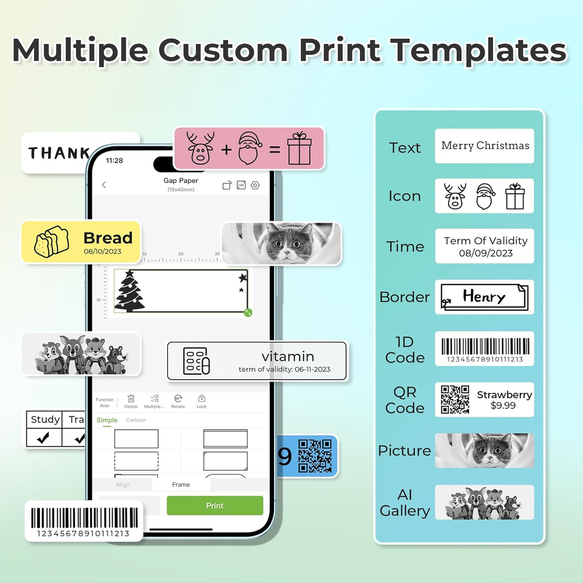 Nelko P21 Draagbare Bluetooth-labelmaker, draadloze stickerprinter met meerdere sjablonen voor thuiskantoororganisatie en opslaglocatie, met 3 rollen thermische tape (14 x 40 mm), wit