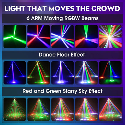80W Moving Head LED met Afstandsbediening, RGBW Disco Licht 6 Armen + Bijenoog Effect, DMX512 Soundactief voor DJ Bar Feestverlichting
