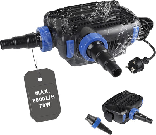 Super ECO stofpomp 70 W max. 8000L/H pomp voor buiten, fontein, aquarium, dompelpomp, waterpomp, waterpomp met filter en kabel, 10 m spaarpomp voor zwembad beek zwembad