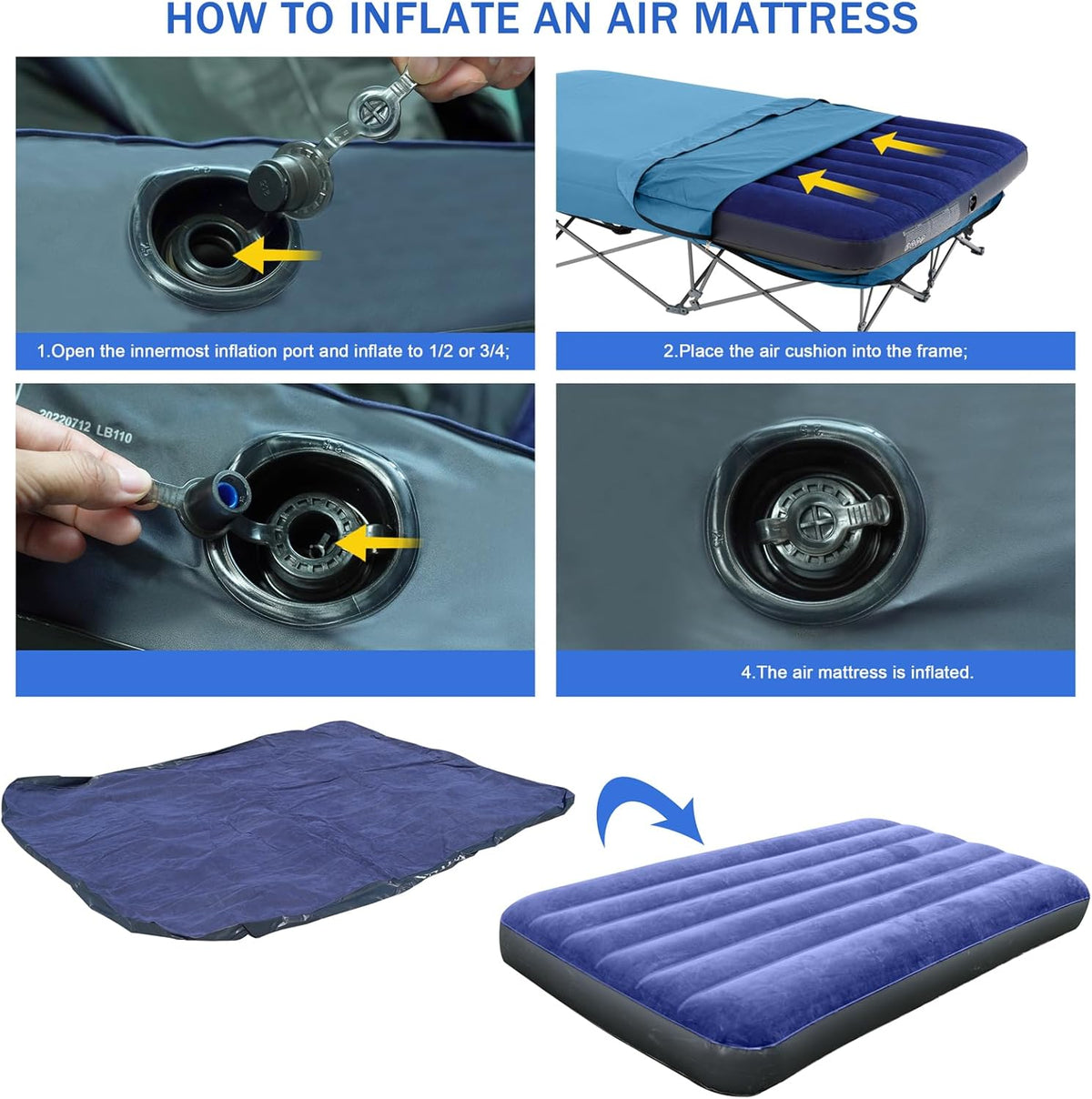 KAMPKEEPER Camping Cot, Opvouwbare Camping Cot met Opblaasbare Luchtmatras en Draagtas, voor Outdoor Travel Camp Beach Vakantie, Ondersteunt 500 lbs (niet inbegrepen de Airpump) -Queen