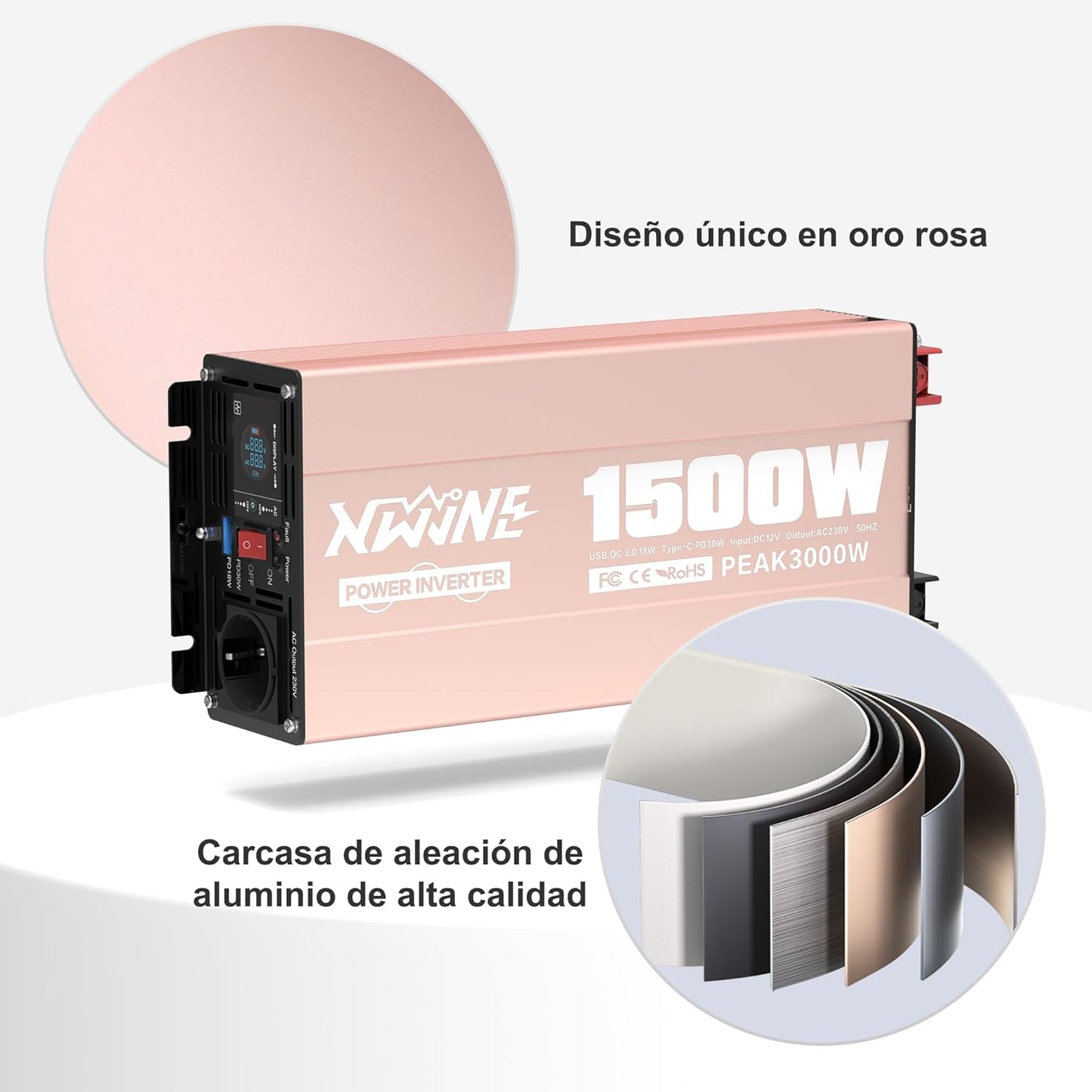 XWJNE Omvormer, 12 V, 220 V/230 V, zuivere sinusgolf, 1500 W, spanningsomvormer met AC-aansluiting, USB-A en USB-C, lcd-display, 5 m afstandsbediening, voor camper, vrachtwagen, huis en noodgevallen