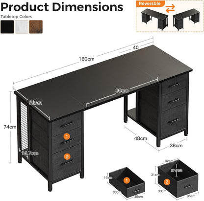 Coleshome Bureau met 6 lades, 160x52 cm Bureau met opslagruimte, Computerbureau met Planken voor Thuiskantoor, Zwart