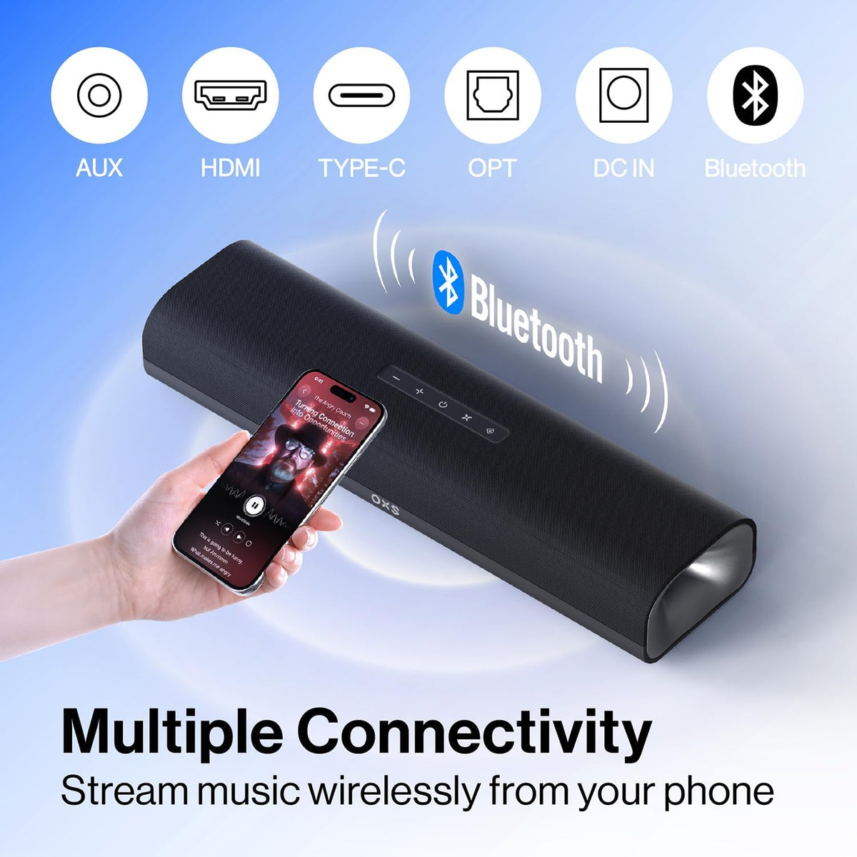 OXS Thunder Lite PC Gaming Soundbar, soundbar voor tv met virtueel surroundgeluid, 2 full-range drivers, basbuis, compact ontwerp, HDMI/AUX/Optisch compatibel, Bluetooth 5.0 draadloze verbinding