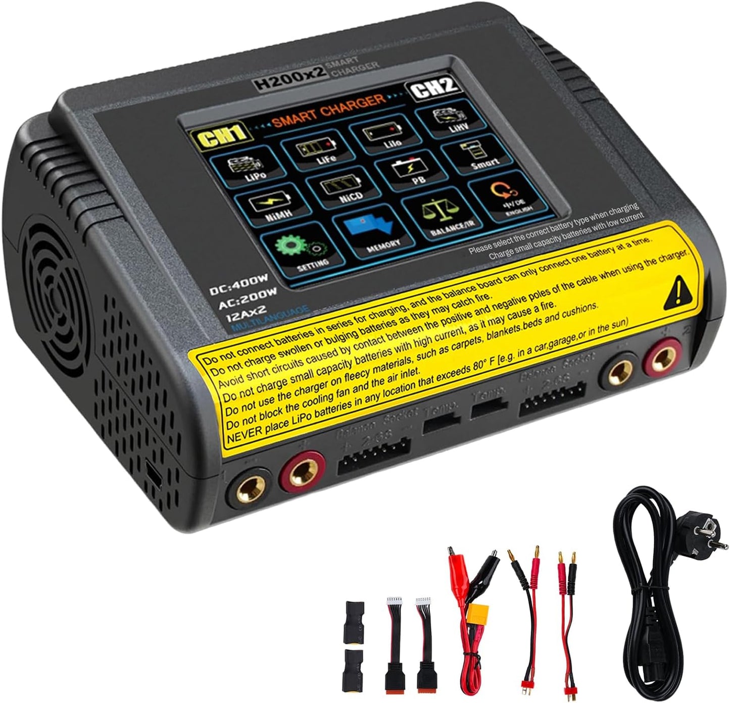 LiPo Oplader – RC Acculader – Batterijlader – Accu Oplader – RC Charger – Dubbel Kanaal – 3,2 Inch Kleuren-Touchscreen – 200W AC / 400W DC