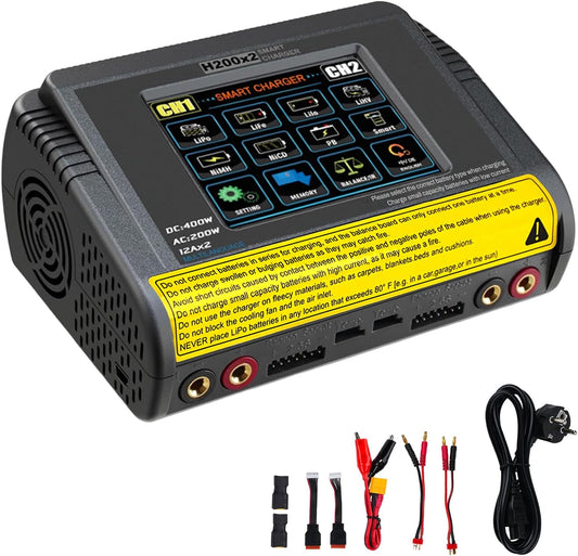LiPo Oplader – RC Acculader – Batterijlader – Accu Oplader – RC Charger – Dubbel Kanaal – 3,2 Inch Kleuren-Touchscreen – 200W AC / 400W DC