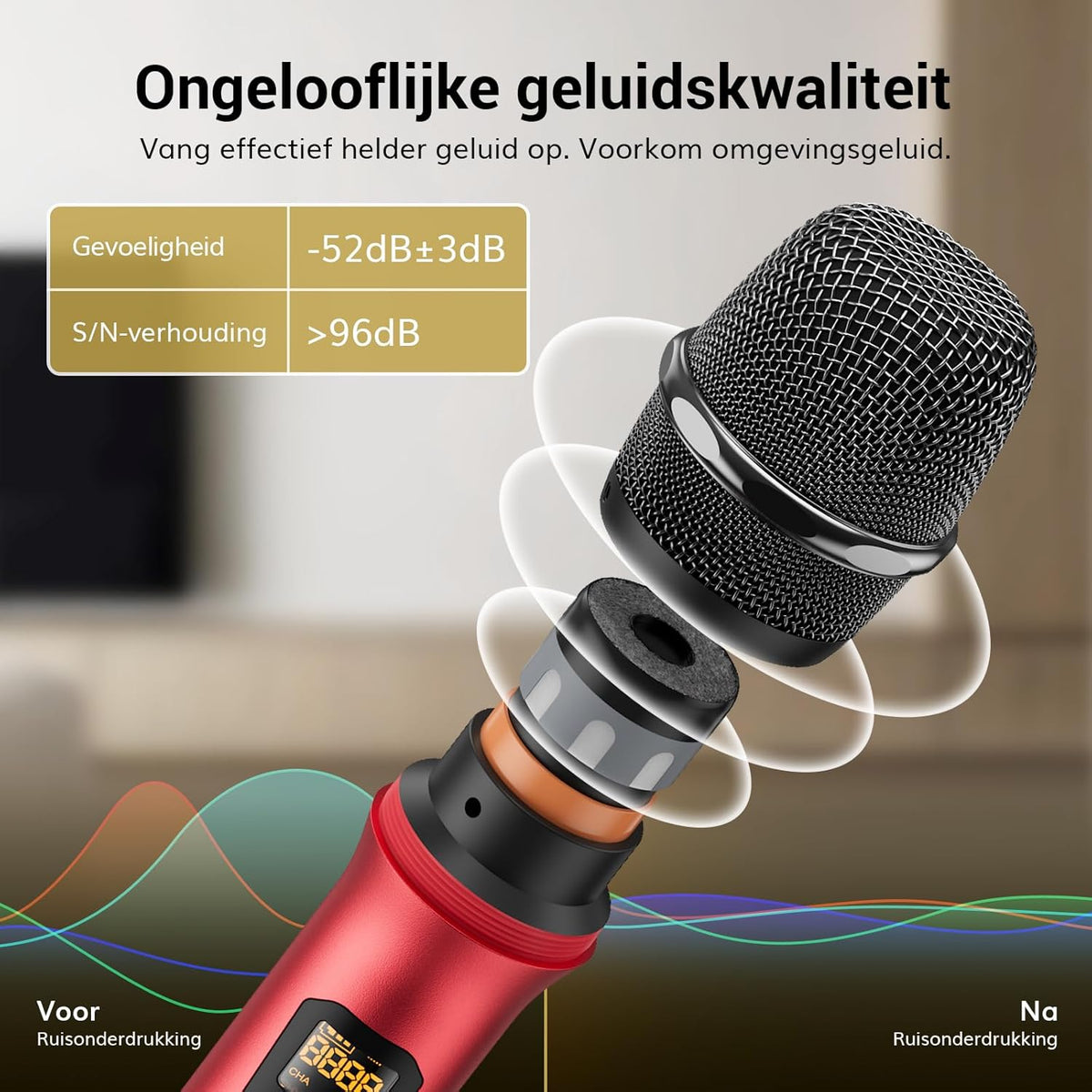 Draadloos Microfoonsysteem – Draadloze Microfoonset – Karaoke Microfoonset – Handmicrofoonset – UHF Microfoonsysteem – Set Van 2 Handmicrofoons Zilver En Rood – Tot 60 Meter Bereik – Metalen Behuizing