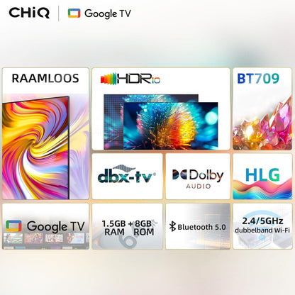CHIQ L32H7G 32 inch Smart TV HD LED frameloos design HDR Google TV Google Assistant, Google Play Chromecast geïntegreerde Dolby Audio, WiFi Bluetooth HDMI USB2.0 CI+ 2023