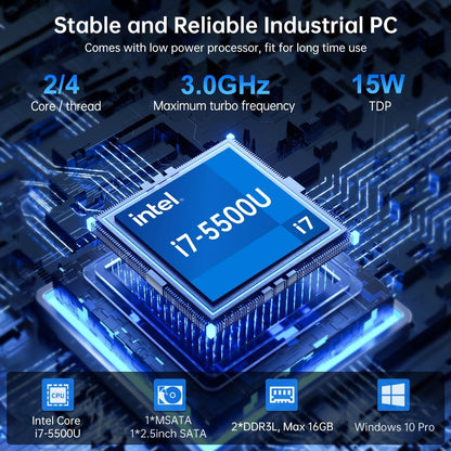 Fanless Industrial PC with Core i7-5500U, Mini Computer 16GB RAM, 512GB SSD, 1xHDMI, 1xVGA, 2xRS232 COM, Dual LAN, WiFi, Supports 4G Module, Windows 10 Pro - QUORE