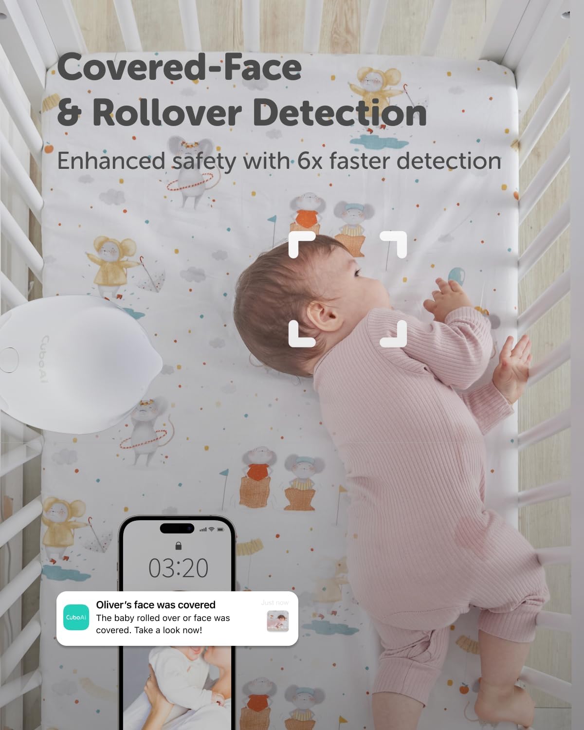 CuboAi 2025 Nieuw Model Slimme Babyfoon 3: Slaapveiligheidsmeldingen voor Bedekt Gezicht & Omrollen, 2.5K QHD Nachtzicht Camera, 2-Way Audio, Vochtigheidssensor, Slaapliedjes (Vloerstatief Set)