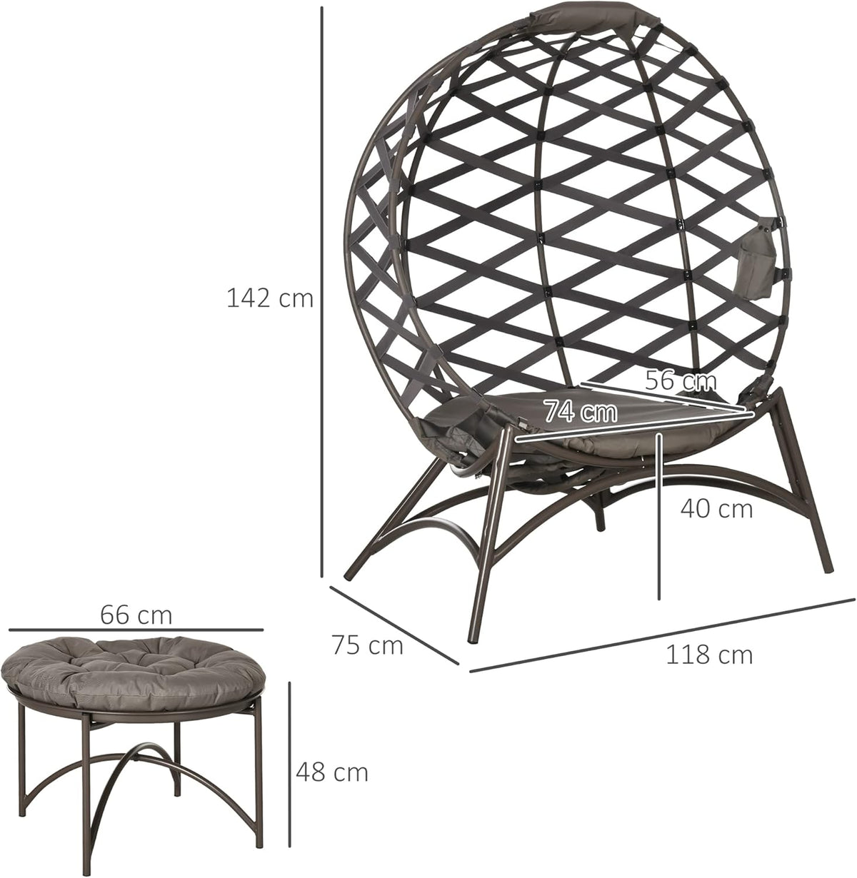 Outsunny 2 Pieces Garden Chair Set Wicker Chair with Folding Seat Basket Including 2-in-1 Stool Cushion Lounge Chair for Balcony Patio Steel Sand 118 x 75 x 142 cm - QUORE