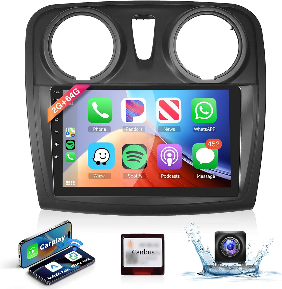 【2+64G】9''Autoradio 2 Din voor Renault Dacia SANDERO 2014-2017 Draadloze Carplay Android Auto met Bildschirm,Radio met Bluetooth HiFi RDS/FM+AHD Rückfahrkamera+CANBUS