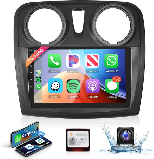 【2+64G】9''Autoradio 2 Din voor Renault Dacia SANDERO 2014-2017 Draadloze Carplay Android Auto met Bildschirm,Radio met Bluetooth HiFi RDS/FM+AHD Rückfahrkamera+CANBUS