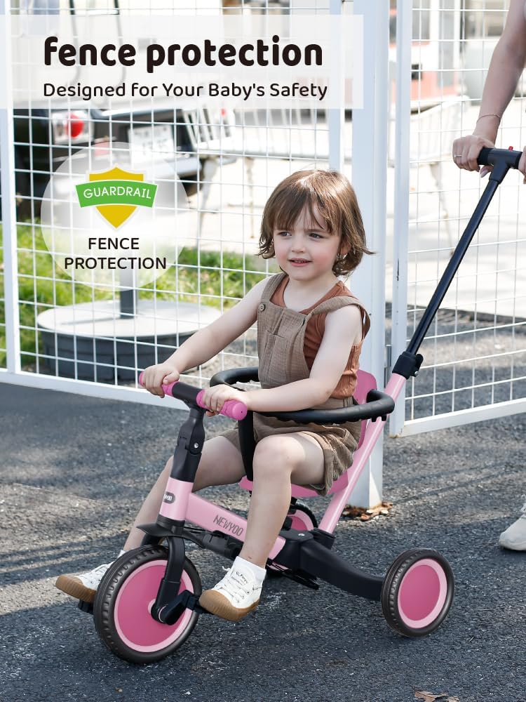 newyoo Driewieler voor 1-3 jaar, peuterfiets voor jongens en meisjes, driewieler voor peuters met ouder-schuifgreep, trike met rugleuning en veiligheidsgordel (Rosé)