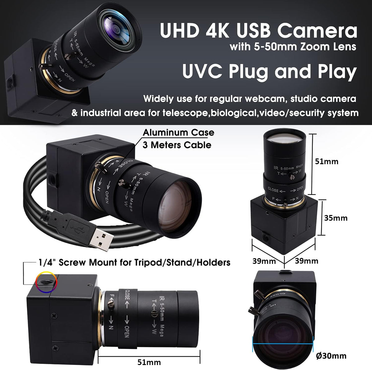 Webcam 4K UHD – USB-webcam – USB-camera – Pc-camera – Computercamera – 10x Optische Zoom – 5-50 Mm Varifocale Lens