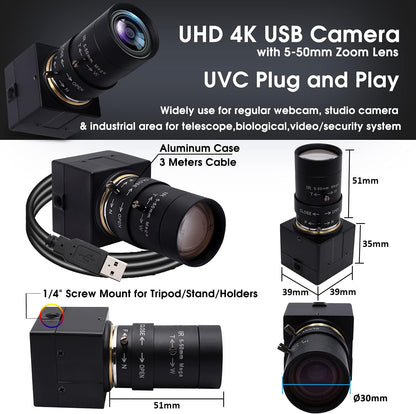 Webcam 4K UHD – USB-webcam – USB-camera – Pc-camera – Computercamera – 10x Optische Zoom – 5-50 Mm Varifocale Lens