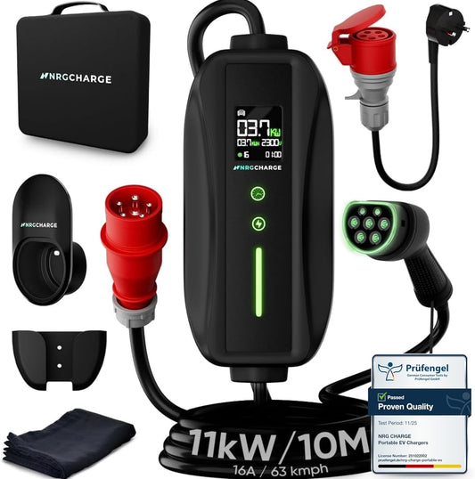 Mobile Wallbox 11 kW type 1 (10 m, 6-16 A, 3-fase) – oplaadkabel CEE 16 A met Schuko – mobiel laadstation elektrische auto snel opladen