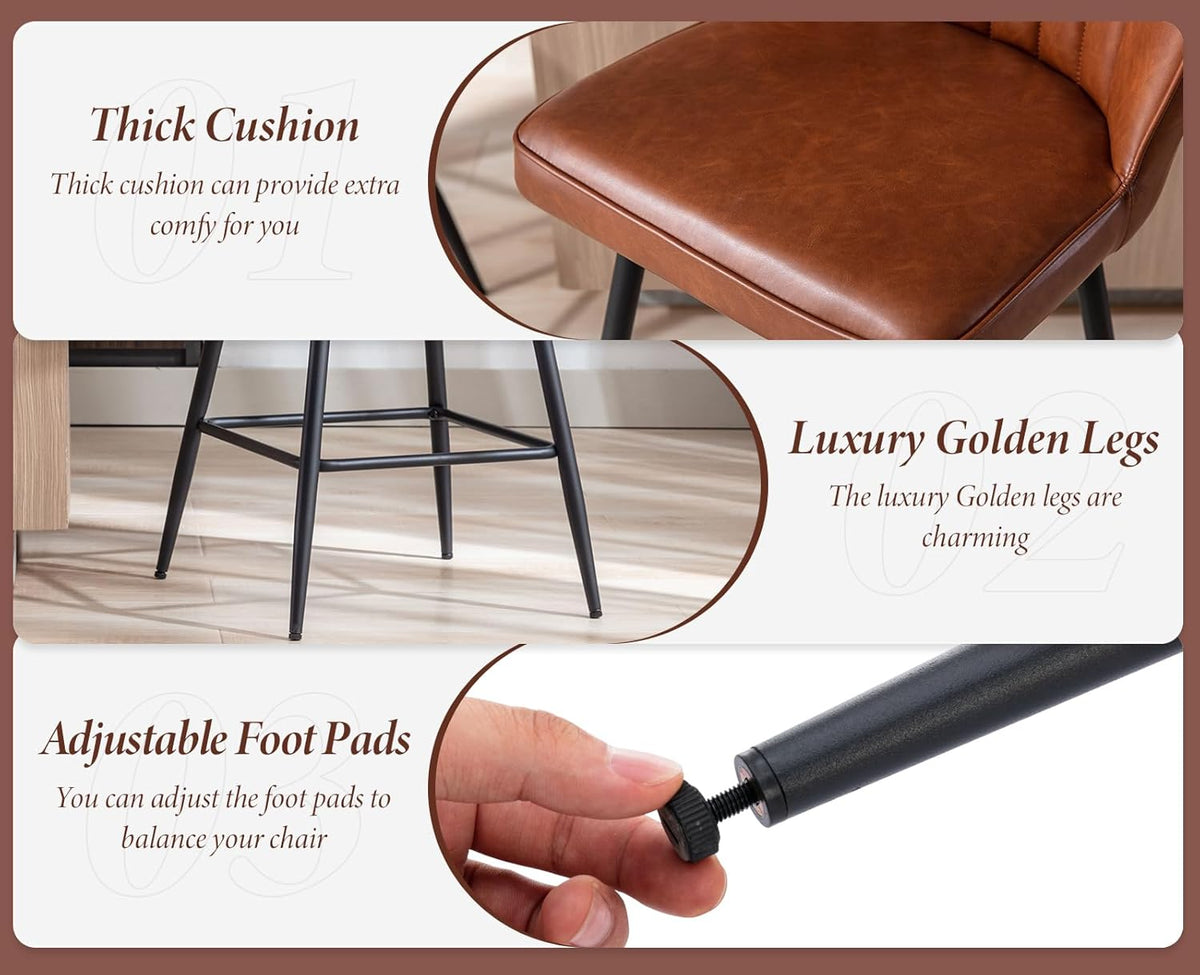 chairus PU Leather Bar Stool for Kitchen, Set of 2, Bar Stool Bar Chairs for Dining Room, Kitchen Stool with Metal Legs (Brown) - QUORE