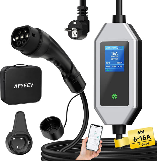 Oplaadkabel Elektrische Auto – EV Oplader – Type 2 Kabel – Schuko Laadkabel – Draagbare Autolader – 6 Meter – 3,68 kW 1-Fasig – Instelbare Stroom 6-16A – Vertraagd Opladen 1-15 Uur
