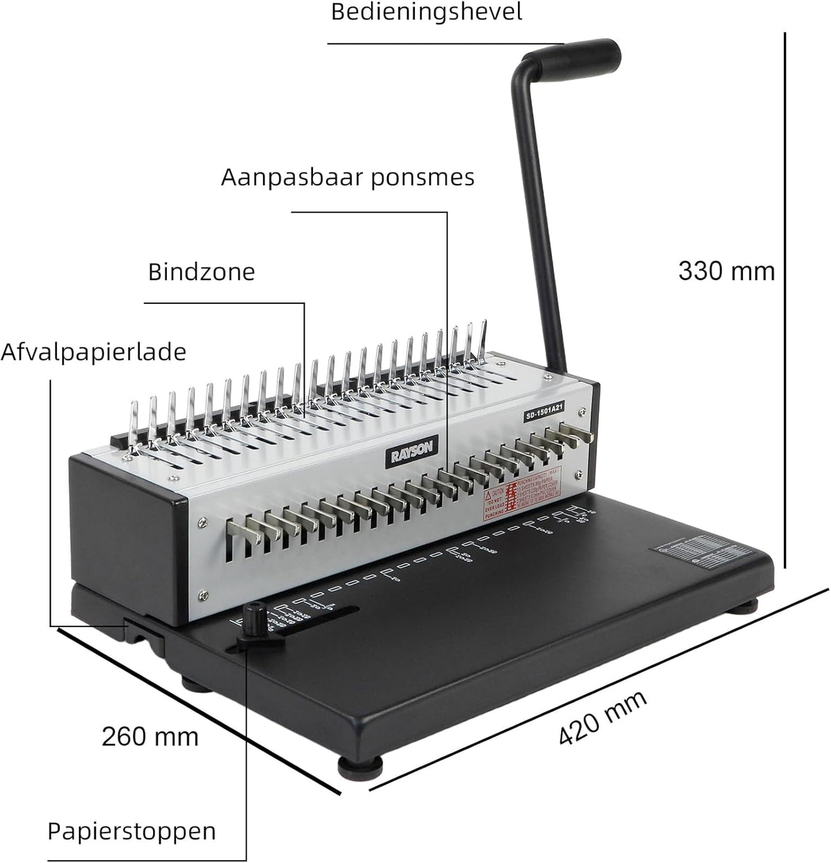 RAYSON SD-1501A21 Plastic kambindmachine, 21 gaten, perforeert 12 A4-bladzijden, bindt tot 200 pagina’s, Aanpasbaar ponsmes