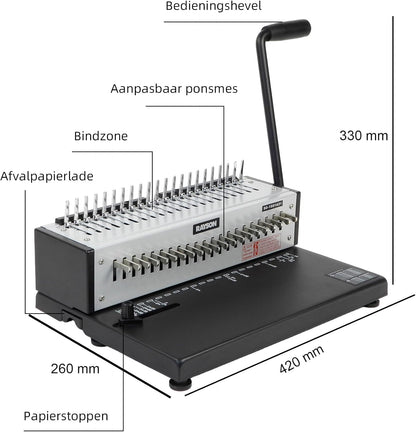 RAYSON SD-1501A21 Plastic kambindmachine, 21 gaten, perforeert 12 A4-bladzijden, bindt tot 200 pagina’s, Aanpasbaar ponsmes