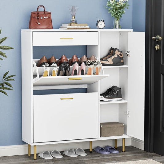 Schoenenkasten, wit, met 2 kleppen, schoenenkast, schoenenrek met 1 lade en 1 deur, smal met verstelbaar rek, voor 14-18 paar schoenen, voor ingang, hal, woonkamer