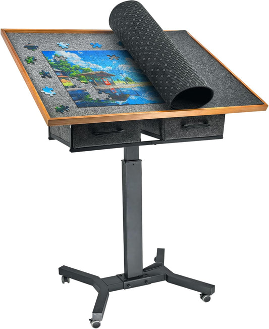 FATIVO Puzzle Table, 1500 Pieces, Height Adjustable with Wheels 70 x 90 cm, with 2 Fabric Drawers, Mobile Puzzle Board 74-98 cm, for Adults, Puzzle Board, Adjustable Angle, Black, Brown - QUORE