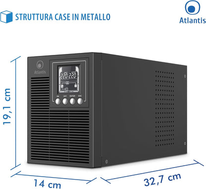Atlantis A03-OP1002XLN UPS OnLine 88% stillere onderbrekingsgroep, server, dubbele conversie, zuivere sinusgolf, 1000 VA 700 W, Low Noise Gelid ventilator 23,6 dbA, USB, 2 Schuko + 1 IEC, 2 x 12 V-9