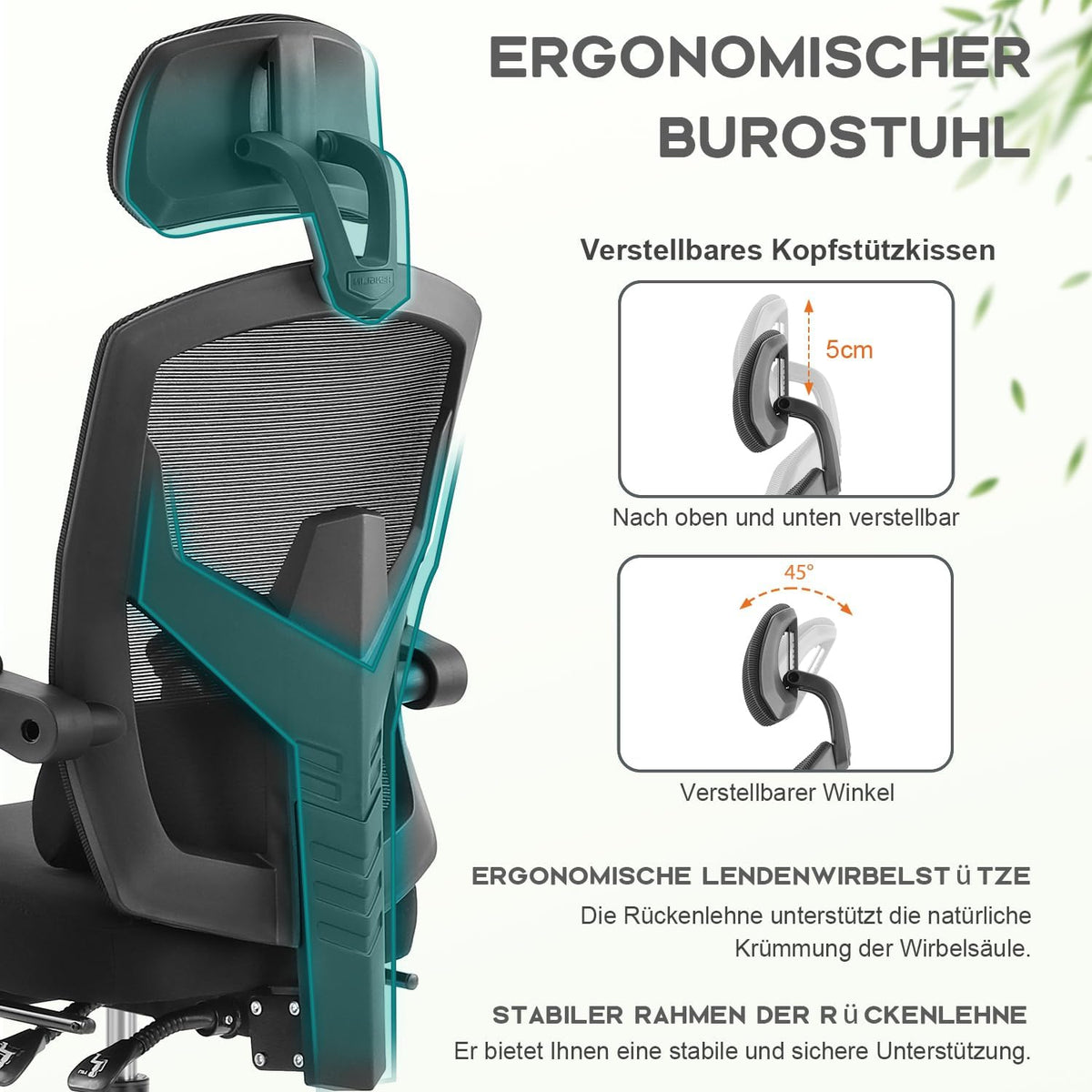 DUMOS Ergonomische bureaustoel, een bureaustoel met comfortabele armleuningen, uitgerust met een comfortabele lendensteun en voetensteun, geschikt voor thuis