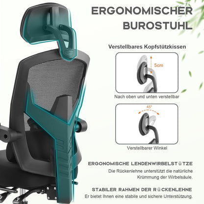DUMOS Ergonomische bureaustoel, een bureaustoel met comfortabele armleuningen, uitgerust met een comfortabele lendensteun en voetensteun, geschikt voor thuis
