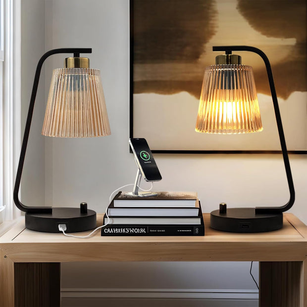 Tafellamp - Tafellampen - 2 Stuks - Bedlampje - Vintage Stijl - Nachttafellamp - met Traploos Dimbaar - USB-Poort - 5V&2A -  Industrieel Bureaulamp - Amberkleurige Lampenkap - voor Slaapkamer - Woonkamer - Lezen Kantoor - IJzer - 14 x 34.5 cm - Zwart