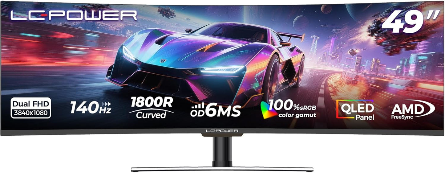 LC-Power LC-M49-DFHD-144-C-Q Ultrawide Gaming-Monitor, gebogen, 49 inch (1500R, QLED-VA, 144Hz, DFHD 3840 x 1080, AMD FreeSync™ Premium, HDR 400, levendige kleuren)