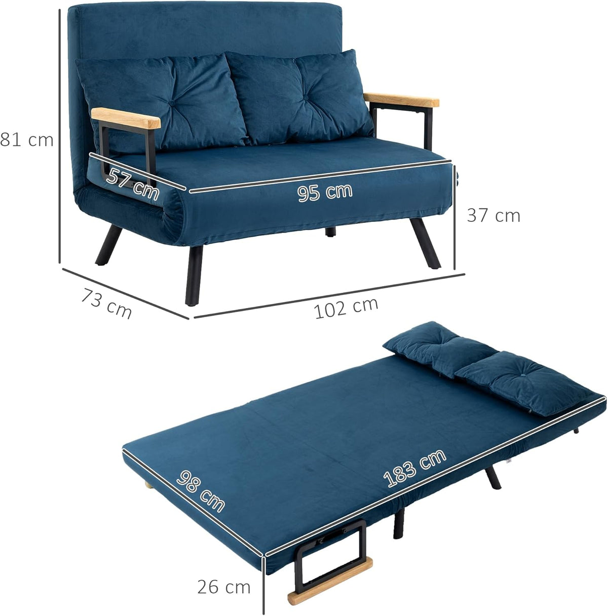 Slaapbank – Bedbank – Sleeperbank – Logeerbank – 2-in-1 Sofa – Verstelbare Rugleuning – Fluweel Bekleding – Compact 102x73x81 cm – Blauw