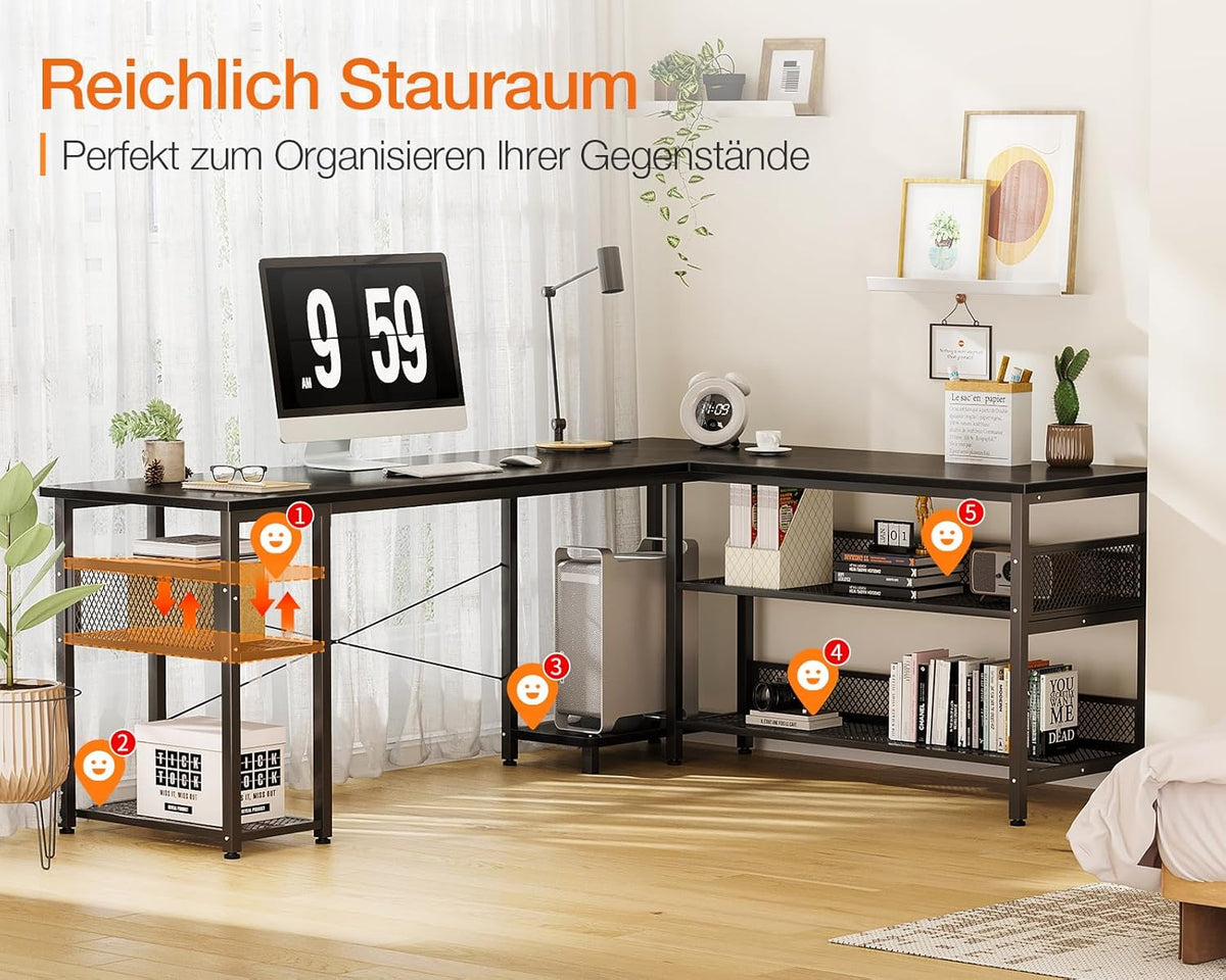 ODK Gaming tafel, L-vorm, omkeerbaar gaming bureau met 2 stopcontacten en 2 USB-laadpoorten, maximale organisatie en opbergruimte, zwart, 168 x 120 cm