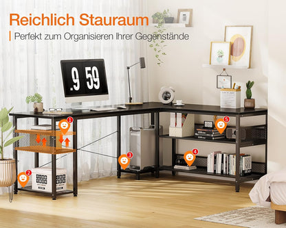ODK Gaming tafel, L-vorm, omkeerbaar gaming bureau met 2 stopcontacten en 2 USB-laadpoorten, maximale organisatie en opbergruimte, zwart, 168 x 120 cm