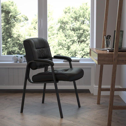 Flash Furniture Haeger bijzetstoel/managersstoel van leer, met titanium grijs gepoedercoat frame, zwart