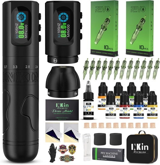 INKin Tattoo Gun Kit, Draadloze Tattoo Machine Kit met 6 Verstelbare Slag 2.0-4.2mm, Roterende Patronen Pen met 2 Vervangbare 1600mAh Batterijen Power OLED Display voor Tattoo Artist-Inkflexo