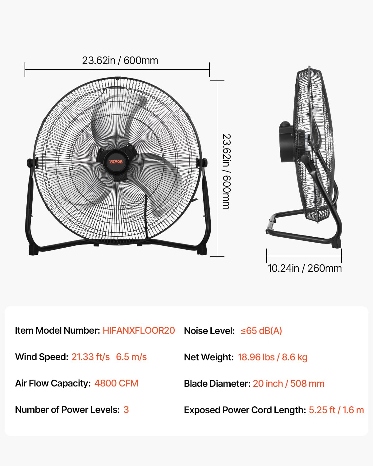 VEVOR Vloerventilator, 3 snelheden, industriële ventilator van robuust metaal, 508 mm, 360 graden helling, windsnelheid 6,5 m/s, voor thuis, garage, winkel, slaapkamer, 2 stuks