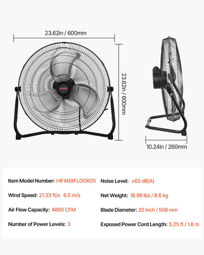 VEVOR Vloerventilator, 3 snelheden, industriële ventilator van robuust metaal, 508 mm, 360 graden helling, windsnelheid 6,5 m/s, voor thuis, garage, winkel, slaapkamer, 2 stuks