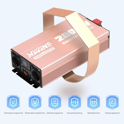 XWJNE Converter, 12 V, 220 V, zuivere sinus, 2000 W, omvormer, spanningsomvormer met 2 EU-stopcontacten, 1 USB-A, 1 USB-C, lcd-display, afstandsbediening, transformator 12 V, 220 V, voor auto, camping