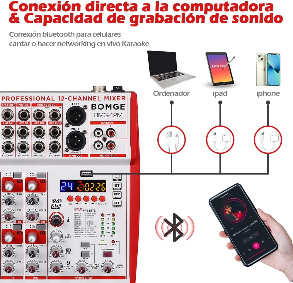 BOMGE 12-Input soundboard Mixer met Mic Preamps en Compressoren, 24DSP, bluetooth, 48V Power, Britse EQ en USB/Audio Interface voor opname, karaoke en podcast. (12M-12 kanaal)