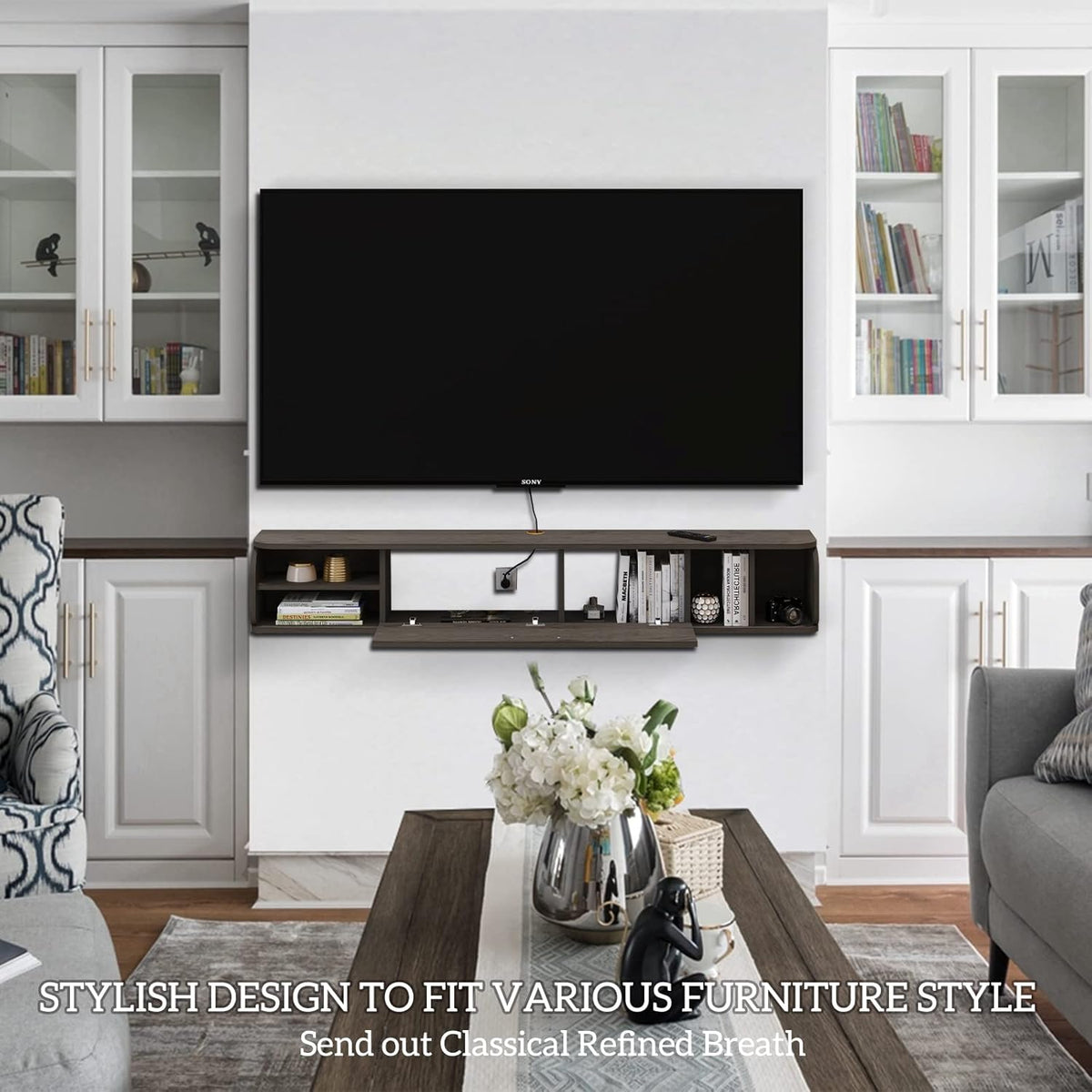 Pmnianhua Tv-kast, hangkast, zwevend tv-rek, wandgemonteerde zwevende tv-houder, consolecentrum, multimedia, entertainment, grote opbergkast voor thuiskantoor (147 cm)