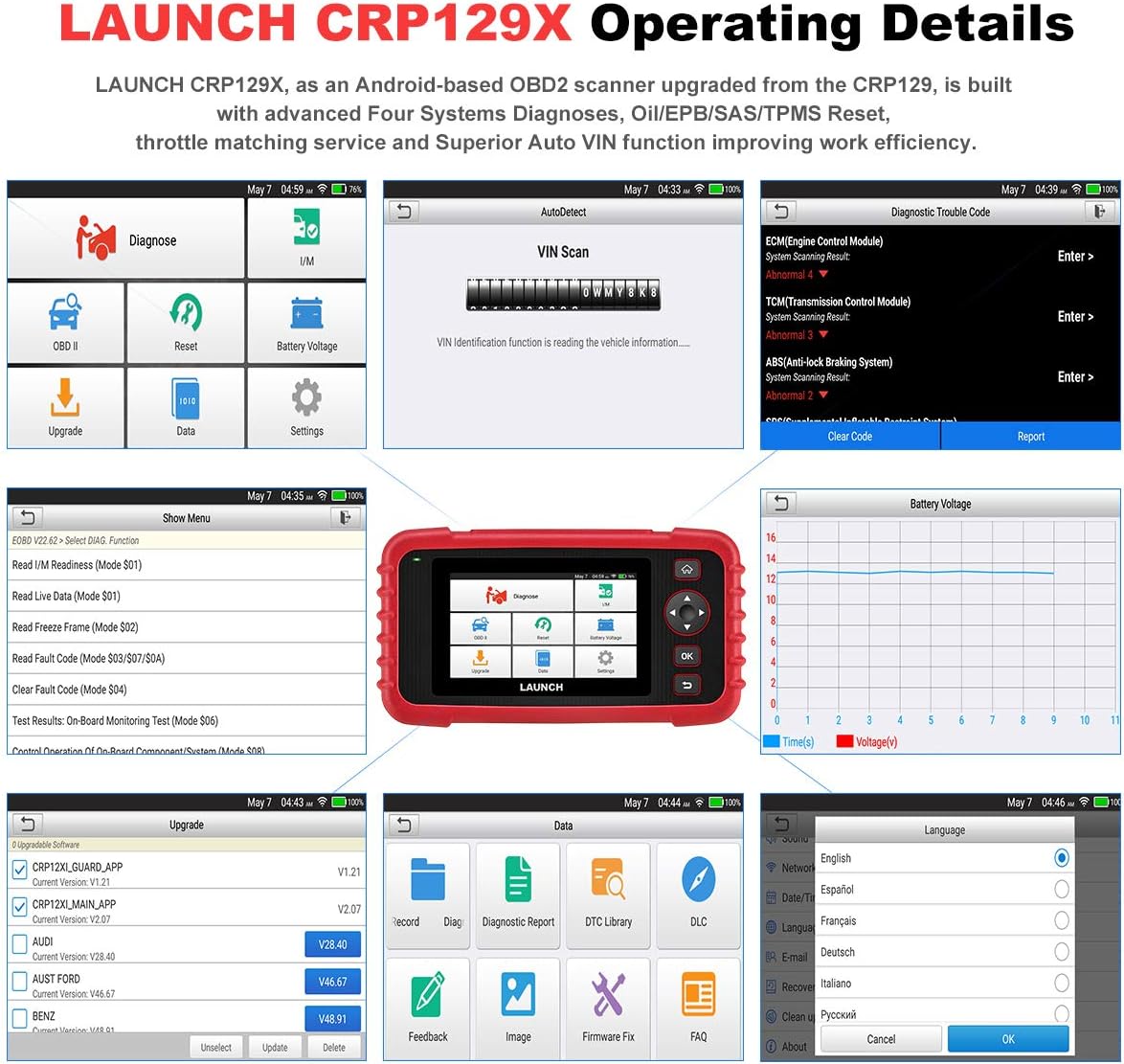 LAUNCH CRP129X OBD2 Diagnose Android, 4 systeemdiagnoses met olie-reset, EPB/SAS/TPMS en gasaanname, AutoVIN voor kleine winkels en doe-het-zelvers (upgrade van CRP129)