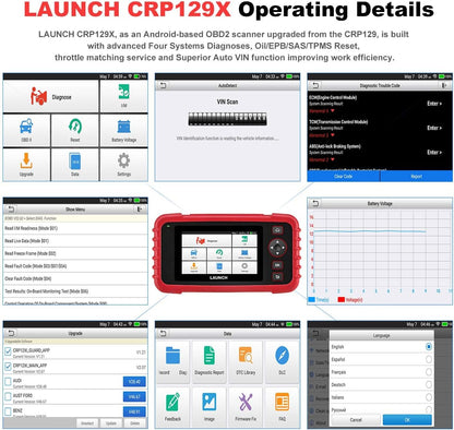 LAUNCH CRP129X OBD2 Diagnose Android, 4 systeemdiagnoses met olie-reset, EPB/SAS/TPMS en gasaanname, AutoVIN voor kleine winkels en doe-het-zelvers (upgrade van CRP129)