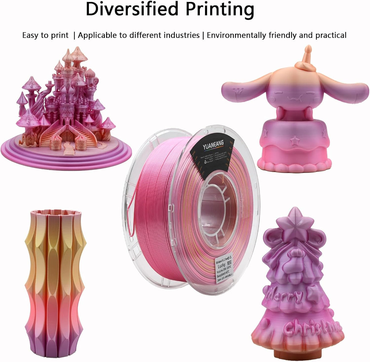 Silk Rainbow PLA 3D-printerfilament, 10 kg, 1,75 mm snelle kleurverandering 3D-printmateriaal, veelkleurig PLA 10 kg spoel, gradiënt filamentbundel voor de meeste FDM 3D-printers