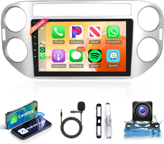2G + 64G Wireless Carplay Android Car Radio 2 Din for VW Tiguan 2006-2016 with Android Car Navi GPS WiFi 9 inch Car Radio with Mirror Link Bluetooth FM/RDS/DAB/OBD/DVR Steering Wheel Control - QUORE