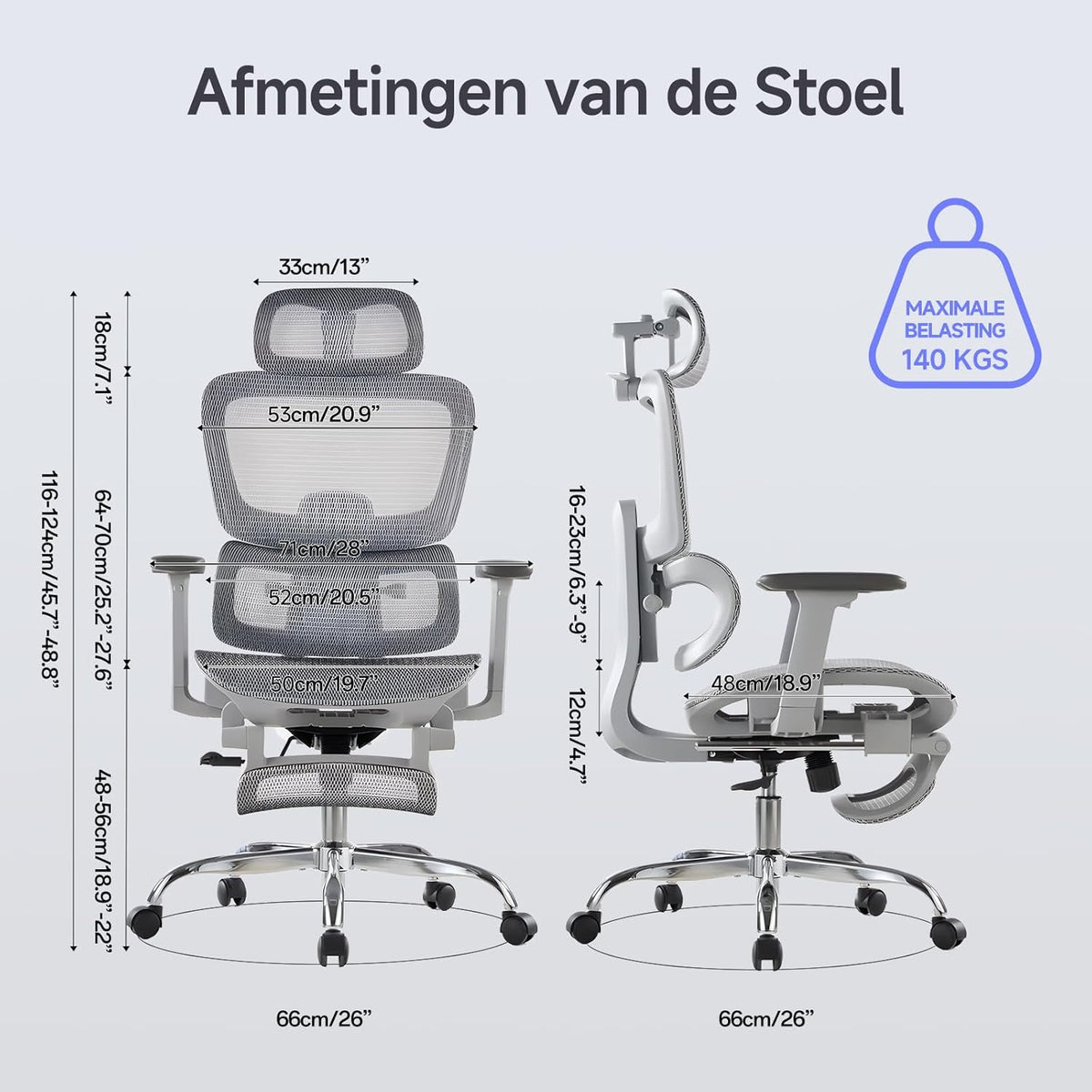 Ergonomische Bureaustoel met Voetensteun - 5-Zones Verstelbare Rugleuning, 2D Lendensteun, 3D Arm-/Hoofdsteun, 145° Kantelfunctie + Ademend Net voor Kantoor/Thuiswerk/Studie, Grijs