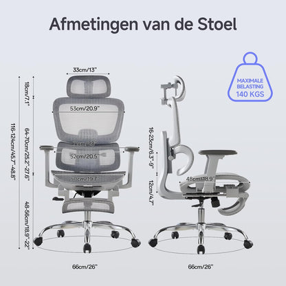 Ergonomische Bureaustoel met Voetensteun - 5-Zones Verstelbare Rugleuning, 2D Lendensteun, 3D Arm-/Hoofdsteun, 145° Kantelfunctie + Ademend Net voor Kantoor/Thuiswerk/Studie, Grijs