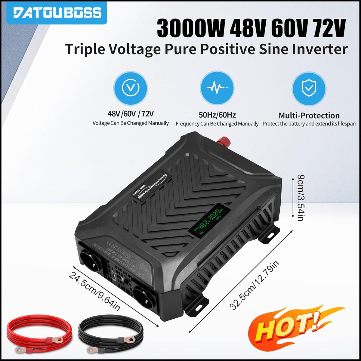 DATOUBOSS Universele spanningsomvormer 48 V/60 V/72 V naar 230 V 3000 W, zuivere sinus 6000 W piekvermogen, met instelbare ingangsspanning, lcd-display, 2 EU stopcontact