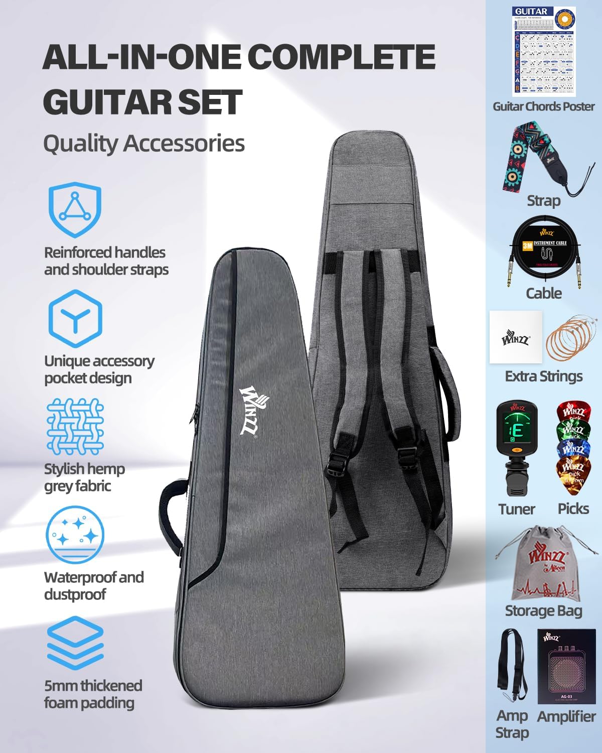 Winzz 30 Inch Kids Elektrische Gitaar Beginner Kit, Junior 1/4 Size Mini Elektrische Gitaar voor Kinderen Complete Stater Set met Amp, Gloosy Zwarte Kleur