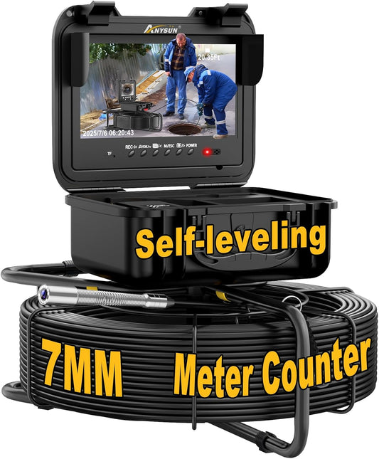 Anysun Endoscoopcamera, 1080p HD inspectiecamera, buizen met zelfnivellering, teller, DVR-recorder, IPR, 9 inch IPS-videoinspectie voor buizen, IP68, waterdicht (30 m)